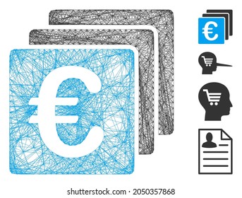 Red de vectores Finanzas del euro. Red geométrica de alambre de alambre 2D hecha del icono de las finanzas del euro, diseñada a partir de líneas de cruce. Se agregan algunos iconos similares.