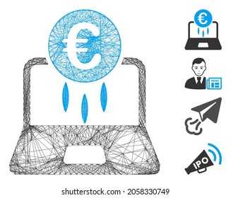 Red de vectores Inicio financiero Euro. Red plana de canales geométricos de cable generada con el icono de inicio financiero Euro, diseñado con líneas cruzadas. Se añaden algunos iconos adicionales.