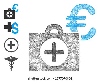 Red de vectores Pago médico en euros. Red 2D de marco con trama geométrica generada con icono de pago médico Euro, diseñado con líneas de cruce. Se añaden algunos iconos adicionales.