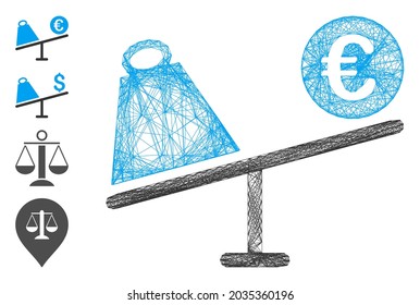 Vector network Euro trade swing. Geometric hatched carcass flat network generated with Euro trade swing icon, designed with crossed lines. Some bonus icons are added.