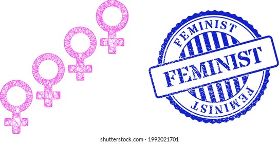 Vector network female cohort symbol framework, and Feminist blue rosette scratched seal print. Linear frame network image created from female cohort symbol pictogram, is created with crossed lines.