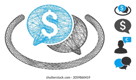 Vector network financial chat area. Geometric linear carcass 2D network made from financial chat area icon, designed from crossing lines. Some bonus icons are added.