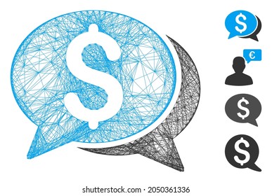 Vector network financial chat. Geometric hatched carcass 2D network made from financial chat icon, designed from crossing lines. Some similar icons are added.