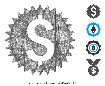 Vector network financial seal. Geometric hatched carcass flat network made from financial seal icon, designed from crossing lines. Some bonus icons are added.