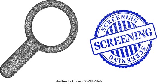 Vector network find carcass, and Screening blue rosette grunge stamp seal. Hatched carcass net symbol designed with find icon, is generated with intersected lines.