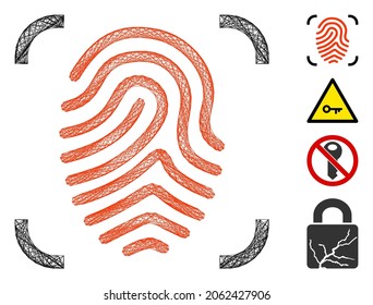 Vector network fingerprint scan. Geometric wire frame flat network made from fingerprint scan icon, designed from crossing lines. Some bonus icons are added.