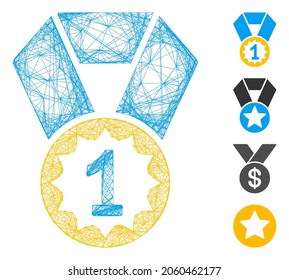 Vector network first place medal. Geometric linear frame flat network generated with first place medal icon, designed with crossing lines. Some bonus icons are added.