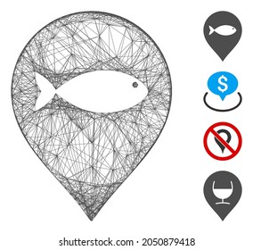 Vector network fish marker. Geometric wire carcass flat net made from fish marker icon, designed from crossed lines. Some similar icons are added.