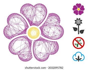 Vector network flower. Geometric wire frame flat net generated with flower icon, designed with crossing lines. Some bonus icons are added.