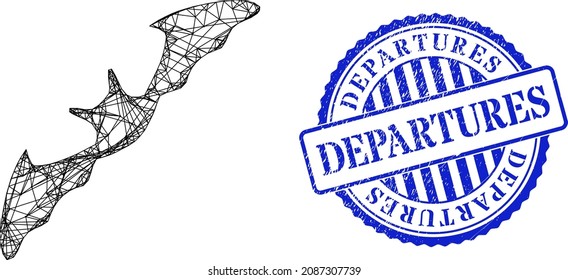 Vektor Netzwerk fliegender Fledermauscarcass und Abfahrt blauen Rosette schmutzigen Robbendruck. Lineare Karkasse Netzwerk-Illustration aus fliegenden Fledermausymbolen, wird aus Kreuzlinien generiert.