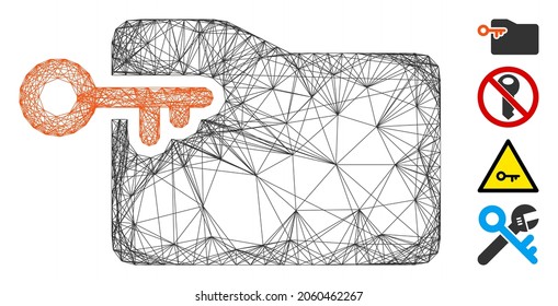 Vector network folder access key. Geometric hatched frame 2D network generated with folder access key icon, designed with crossing lines. Some bonus icons are added.