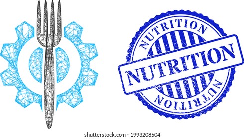 Vector network food hitech frame, and Nutrition blue rosette grunge seal imitation. Wire frame network illustration created from food hitech icon, is created from crossed lines.