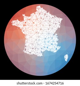 Vector network France map. Map of the country with a low poly background. Rounded France illustration in technology, internet, network, telecommunication concept style. Neat vector illustration.