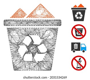 Vector Network Full Recycle Bin. Geometric Linear Carcass Flat Network Generated With Full Recycle Bin Icon, Designed With Crossed Lines. Some Bonus Icons Are Added.