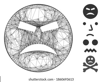 Vector network furious smiley. Geometric wire frame 2D network generated with furious smiley icon, designed with crossed lines. Some bonus icons are added.