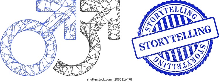 Vector network gay couple symbol frame, and Storytelling blue round grunge seal. Linear carcass network illustration created from gay couple symbol icon, is generated from intersected lines.
