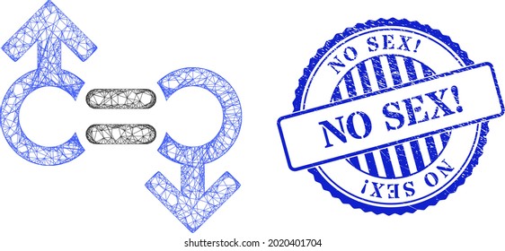 Vector network gay relation symbol carcass, and No Sex Exclamation blue rosette rubber badge. Hatched frame network image created from gay relation symbol icon, created from intersected lines.