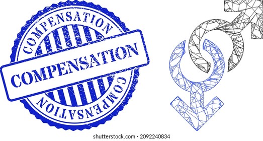 Vector network gay symbol carcass, and Compensation blue round rubber seal print. Crossed carcass network illustration created from gay symbol pictogram, is created from crossing lines.