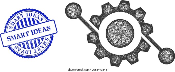Vector network gear contacts framework, and Smart Ideas blue rosette unclean seal print. Hatched frame network illustration created from gear contacts pictogram, is created from crossing lines.