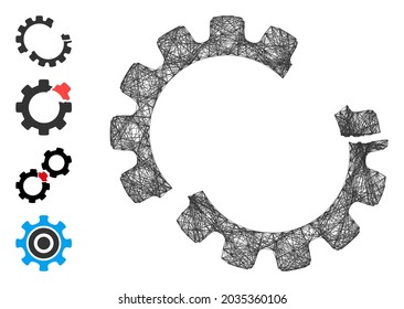 Choque del engranaje de la red de vectores. Red plana de canales con eclosión geométrica generada con icono de caída de engranajes, diseñada con líneas interconectadas. Se añaden algunos iconos adicionales.