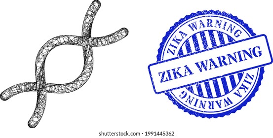 Vector network genome spiral frame, and Zika Warning blue rosette textured stamp seal. Crossed frame network illustration based on genome spiral pictogram, created with crossing lines.