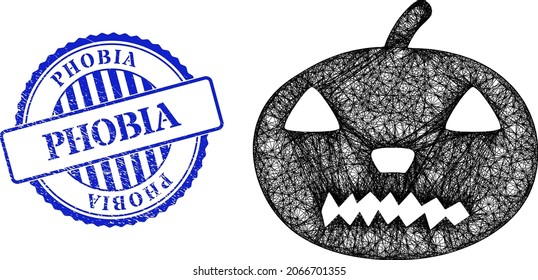 Vector network halloween pumpkin carcass, and Phobia blue rosette grunge stamp seal. Wire carcass net illustration based on halloween pumpkin icon, is made with crossed lines.