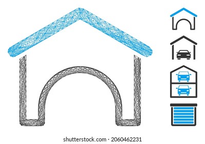 Vector network hangar. Geometric hatched frame flat network made from hangar icon, designed from crossed lines. Some bonus icons are added.