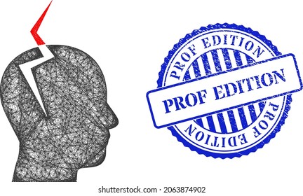 Vector network headache frame, and Prof Edition blue rosette textured seal. Hatched frame network symbol created from headache icon, created from crossing lines.