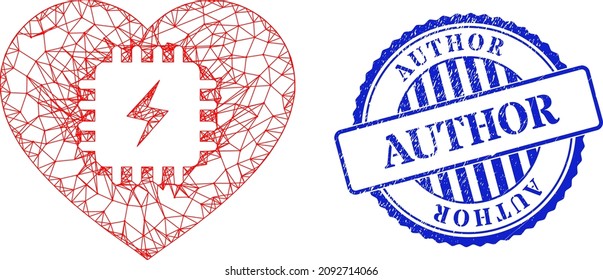 Vector network heart pacemaker model, and Author blue rosette unclean seal imitation. Crossed frame network illustration designed with heart pacemaker pictogram, is made with crossed lines.