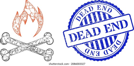 Vector network hell fire bones wireframe, and Dead End blue round scratched stamp seal. Wire frame network symbol designed with hell fire bones pictogram, made with crossing lines.