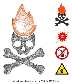 Vector network hell fire. Geometric hatched carcass 2D network generated with hell fire icon, designed with crossing lines. Some bonus icons are added.