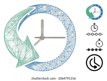 Vector network history. Geometric hatched carcass flat network generated with history icon, designed with intersected lines. Some bonus icons are added.