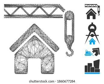 Construcción de viviendas en red de vectores. Red 2D de marco con trama geométrica generada con icono de construcción de viviendas, diseñada con líneas cruzadas. Se añaden algunos iconos adicionales.