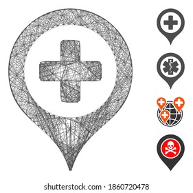Vector network hospital map marker. Geometric hatched carcass 2D network generated with hospital map marker icon, designed with intersected lines. Some bonus icons are added.