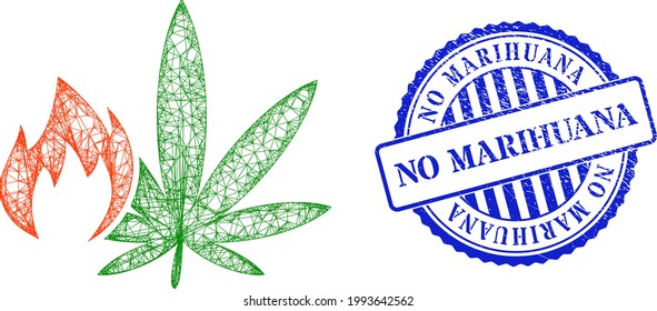 La red de vectores caliente araña el armazón de cannabis y el sello de sellado azul no marihuana arañado. Imagen de red de cuadro cruzada creada a partir de pictograma de cannabis caliente, hecho de líneas cruzadas.
