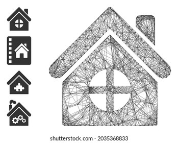 Vector network house building. Geometric linear carcass flat network made from house building icon, designed from crossing lines. Some bonus icons are added.