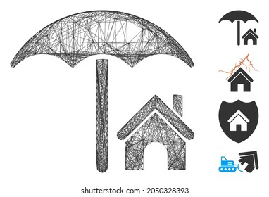 Casa de red de vectores bajo paraguas. Red plana de cuadro lineal geométrica generada con casa bajo icono de paraguas, diseñada con líneas cruzadas. Se agregan algunos iconos adicionales.