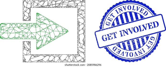 Vector Network Import Arrow Frame, And Get Involved Blue Round Textured Stamp. Crossed Frame Net Illustration Designed With Import Arrow Icon, Made From Crossed Lines.