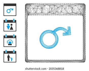 Página de calendario de impotencia de la red de vectores. Red 2D de canal lineal geométrica hecha a partir del icono de la página del calendario de impotencia, diseñada a partir de líneas interseccionadas. Se añaden algunos iconos adicionales.