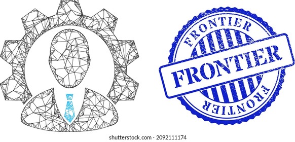 Vector network industrial manager frame, and Frontier blue rosette grunge seal imitation. Crossed frame net symbol designed with industrial manager icon, is generated from crossed lines.
