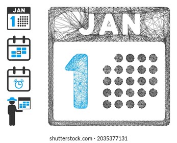 Vector network January first. Geometric linear frame 2D network made from January first icon, designed from crossed lines. Some bonus icons are added.