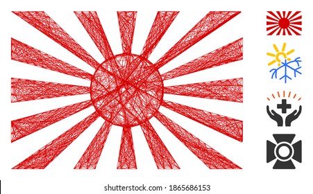 Vector network Japanese rising sun. Geometric hatched frame 2D network made from Japanese rising sun icon, designed from crossed lines. Some bonus icons are added.