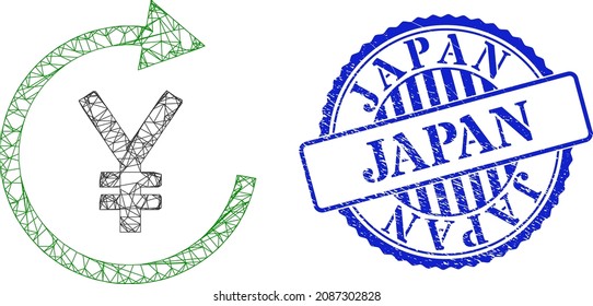 Vector network japanese yen repay framework, and Japan blue rosette scratched stamp seal. Hatched frame network image created from japanese yen repay icon, created from crossing lines.