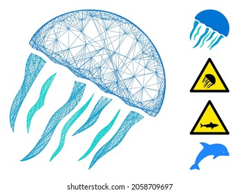 Vector network jellyfish. Geometric hatched frame flat network made from jellyfish icon, designed from crossed lines. Some bonus icons are added.