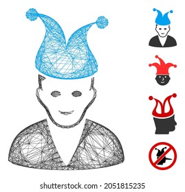 Vector network jester. Geometric linear frame 2D network made from jester icon, designed from crossed lines. Some additional icons are added.