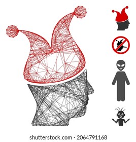 Vector network joker guy. Geometric wire frame 2D network made from joker guy icon, designed from crossing lines. Some bonus icons are added.
