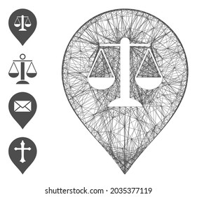 Vector network justice weight marker. Geometric linear frame flat network made from justice weight marker icon, designed from intersected lines. Some bonus icons are added.