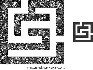 Vector network labyrinth icon with spots. Geometric hatched frame 2D network based on labyrinth icon, generated with crossing lines, with round spots.