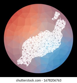 Vector network Lanzarote map. Map of the island with low poly background. Rounded Lanzarote illustration in technology, internet, network, telecommunication concept style. Superb vector illustration.