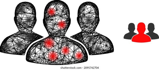 Vector network leader men group icon with spots. Geometric wire carcass 2D network based on leader men group icon, generated with crossed lines, with round spots.